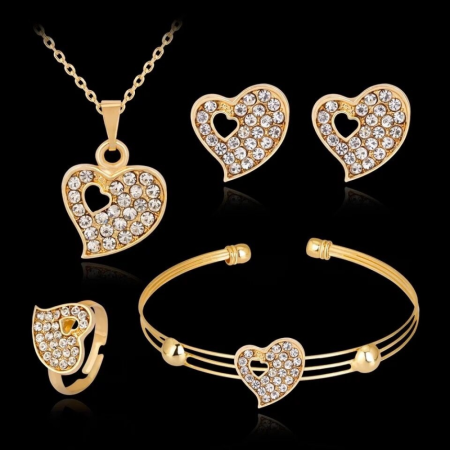 Gold Plated Crystal Heart Cuff Bracelet Earrings Necklace Set