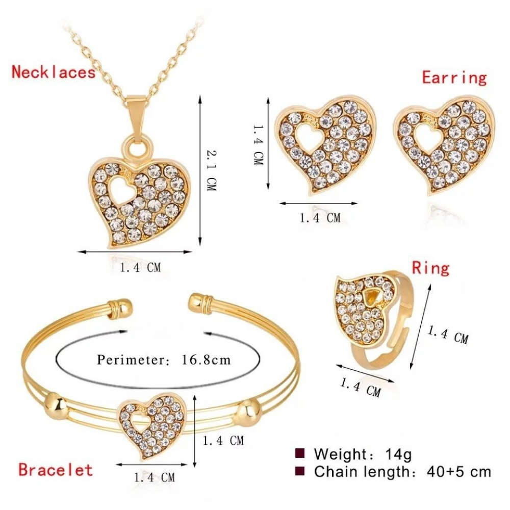 Gold Plated Crystal Heart Cuff Bracelet Earrings Necklace Set
