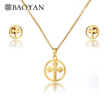 18k Gold Round Pendant Cross Necklace Catholic Jewelry Set