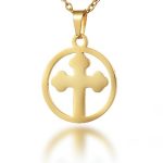 18k Gold Round Pendant Cross Necklace Catholic Jewelry Set