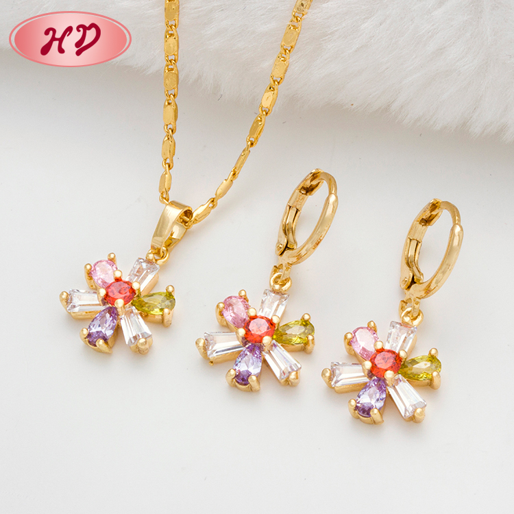 18k Gold Necklace Earrings Set Colorful Delicate