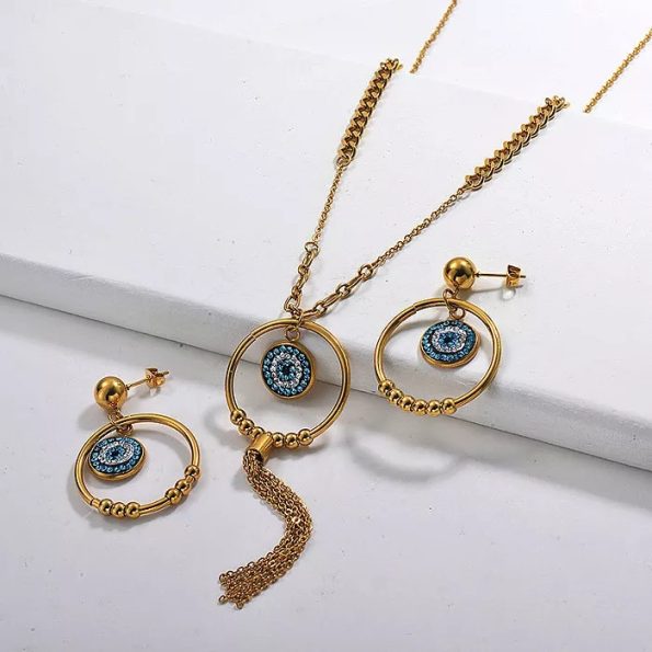 Evil Eye Necklace Earrings 18K Gold Set
