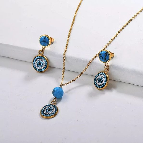 Evil Eye Necklace Earrings 18K Gold Set