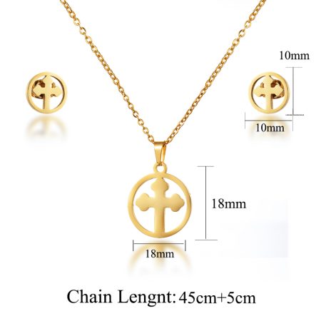 18k Gold Round Pendant Cross Necklace Catholic Jewelry Set