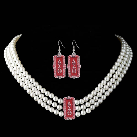 Fashion Red Square Pearl Necklace Earring Bracelet Sorority Jewelry set