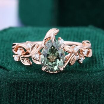 Pear Cut Green Sapphire Engagement Ring with Olive Leaf Band
