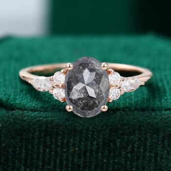 Oval Rose Cut Salt and Pepper Diamond Engagement Ring