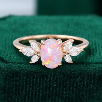 Dainty Oval Cut Lab Pink Opal Engagement Ring Moissanite Wings Accented Anniversary Gift
