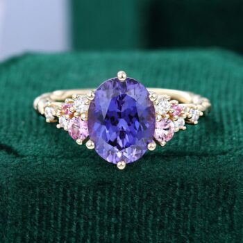 Oval Cut Lab Purple Sapphire Engagement Ring Trio Stones Promise Ring