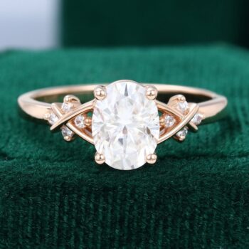 Oval Cut Moissanite Engagement Ring Criss Cross Diamond Accented Bridal Ring