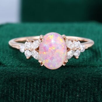 Oval Cut Lab Pink Opal Promise Ring Nature Inspired Blossom Engagement Ring