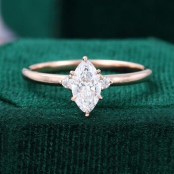 Marquise Cut Lab Diamond Engagement Ring Dainty Three Stone Bridal Ring