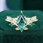Kite Cut Lab Green Sapphire Engagement Ring V Contour Leaf Ring