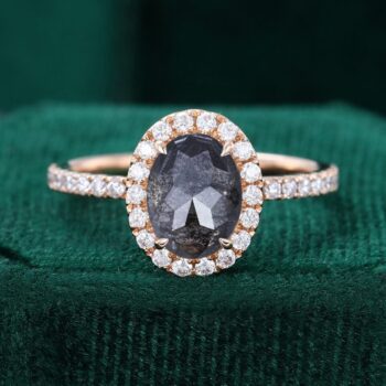 Oval Cut Salt and Pepper Halo Engagement Ring Pavé Bridal Ring