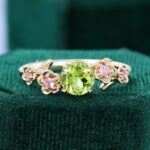Round Cut Peridot Cherry Blossom Engagement Ring Floral Inspired Promise Ring