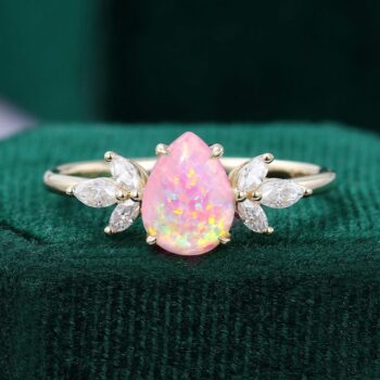 Pear Shaped Lab Pink Opal Engagement Ring Delicate Bridal Ring