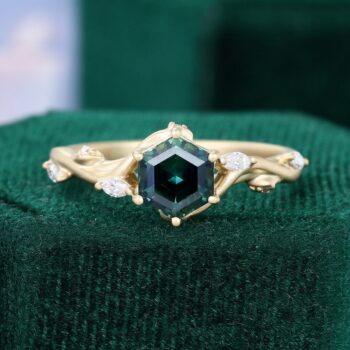 Hexagonal Teal Sapphire Engagement Ring Matt Finish Twig Design