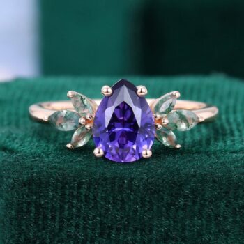 Pear Purple Sapphire Promise Ring Marquise Moss Agate Accented