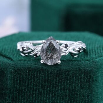 Navette Flow Pear Cut Black Rutilated Quartz Leaf Ring