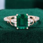 Unique Emerald Cut Lab Emerald Engagement Ring 14K Rose Gold