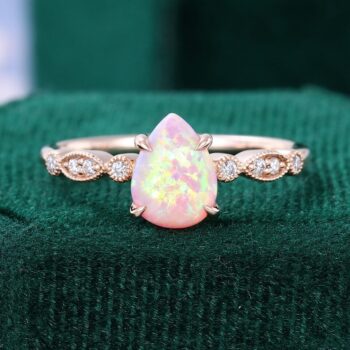 Pear Shaped Lab Pink Opal Engagement Ring Beaded Promise Ring