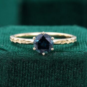 Round Cut Teal Sapphire Solitaire Engagement Ring with Wheat Band