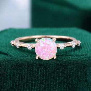 Round Cut Lab Pink Opal Engagement Ring Unique Distance Band Promise Ring
