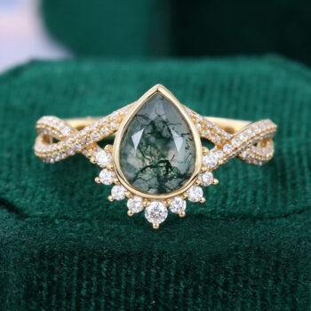 Bezel Set Pear Cut Moss Agate Promise Ring Twisted Pavé Shank