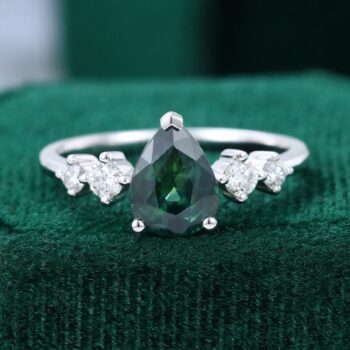 Pear Shape Green Blue Sapphire Wedding Ring Moissanite Accented Bridal Ring