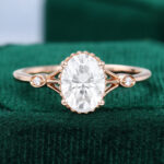 Oval Cut Moissanite Rose Gold Diamond Milgrain Three Stone Engagement Ring