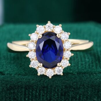 Yellow Gold Oval Cut Lab Sapphire Halo Vintage Engagement Ring