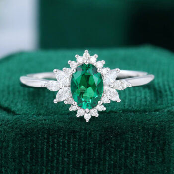 Oval Cut Lab Emerald Engagement Ring Unique Halo Bridal Ring