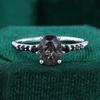 Oval Cut Black Rutilated Quarzt Engagement Ring Unique Black Onyx Accented Ring