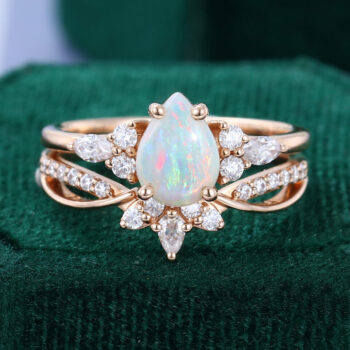 Pear Cut Opal Engagement Ring Set Crown Bridal Set