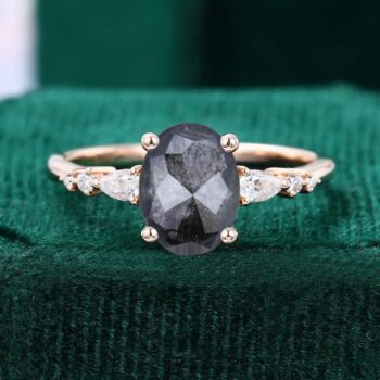 Oval Cut Salt and Pepper Diamond Engagement Ring Moissanite Accented Gift For Her