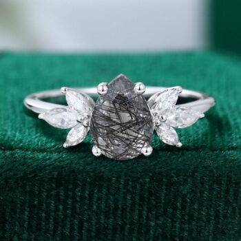 Pear Shaped Black Rutilated Quartz Engagement Ring