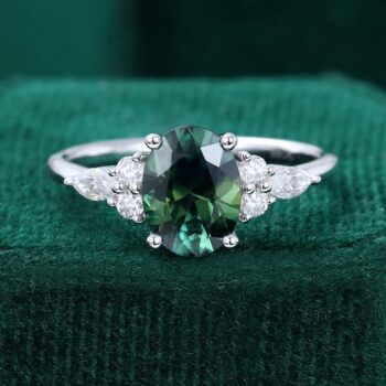 1.5CT Oval Teal Sapphire Engagement Ring Classic Side Stone Ring For Women
