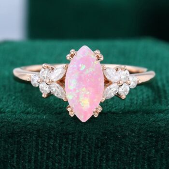 Marquise Cut Lab Pink Opal Engagement Ring Blossom Moissanite Accented Promise Ring