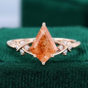 Kite Cut Sunstone Engagement Ring Criss Cross Diamond Accented Bridal Ring