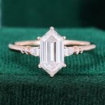 Long Hexagon Cut Moissanite and Diamond Engagement Ring Rose Gold