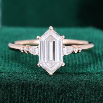 Long Hexagon Cut Moissanite and Diamond Engagement Ring Rose Gold