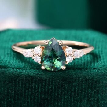 Pear Shaped Green Sapphire Engagement Ring Diamond Accented Bridal Ring