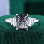 Emerald Cut Black Rutilated Quartz Five Stone Promise Ring Baguette Accented