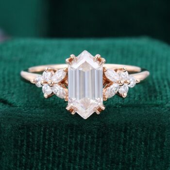 Elongated Hexagon Cut Moissanite Ring Double Claws Blossom Engagement Ring
