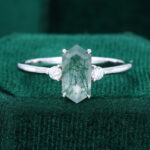 Long Hexagon Cut Moss Agate Three Stone Ring