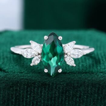 White Gold Marquise Cut Lab Grown Emerald Engagement Ring