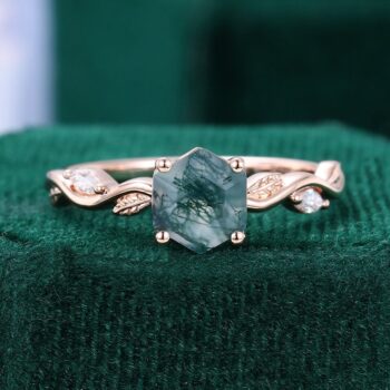 Leafwave Hexagon Cut Moss Agate Nature Inspired Promise Ring
