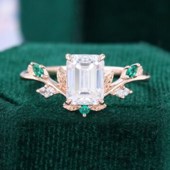 Emerald Cut Moissanite Engagement Ring Emerald Leaf Promise Ring