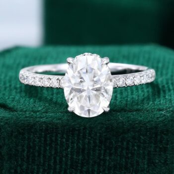 2CT Oval Moissanite Pavé Engagement Ring with Hidden Halo