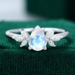 14K White Gold Pear Shaped Moonstone and Diamond Engagement Ring